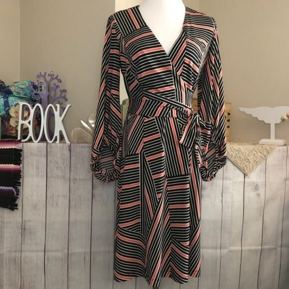 Donna Ricco sz 2 Striped Panel Faux Wrap Dress - Picture 1 of 13